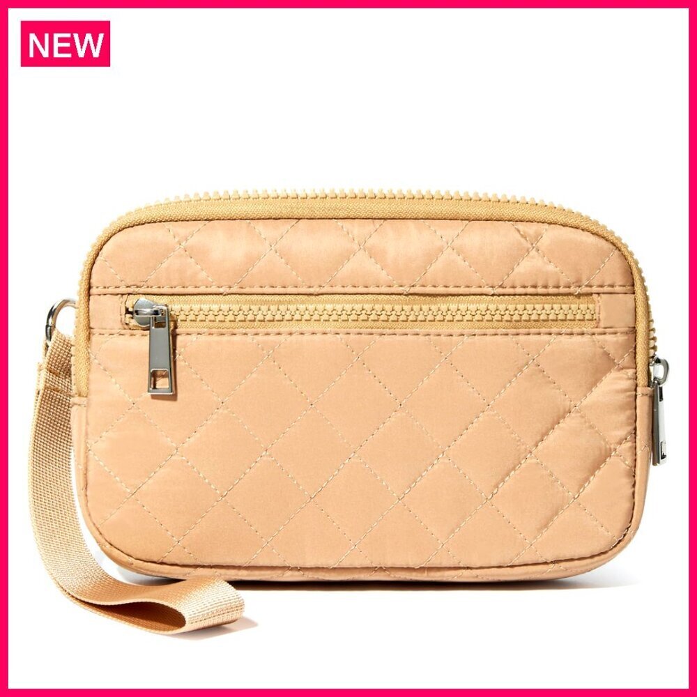 Quilted Nylon RFID Wristlet Wallet with 3 Zippers for Travel Phone Cards
